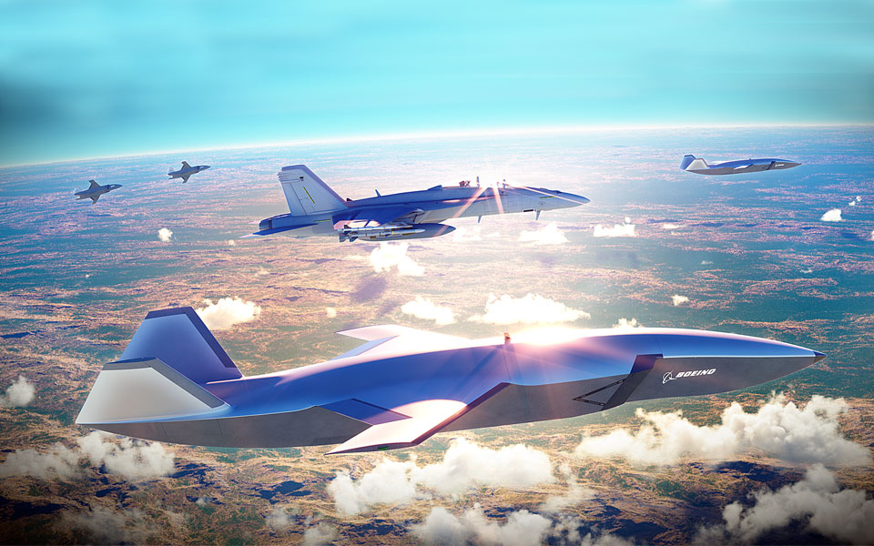 Concepção artística do voo de aeronave não tripulada como wingman