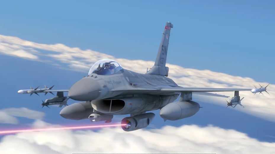 Concepção artística da Lockheed Martin mostra caça F-16 com pod laser