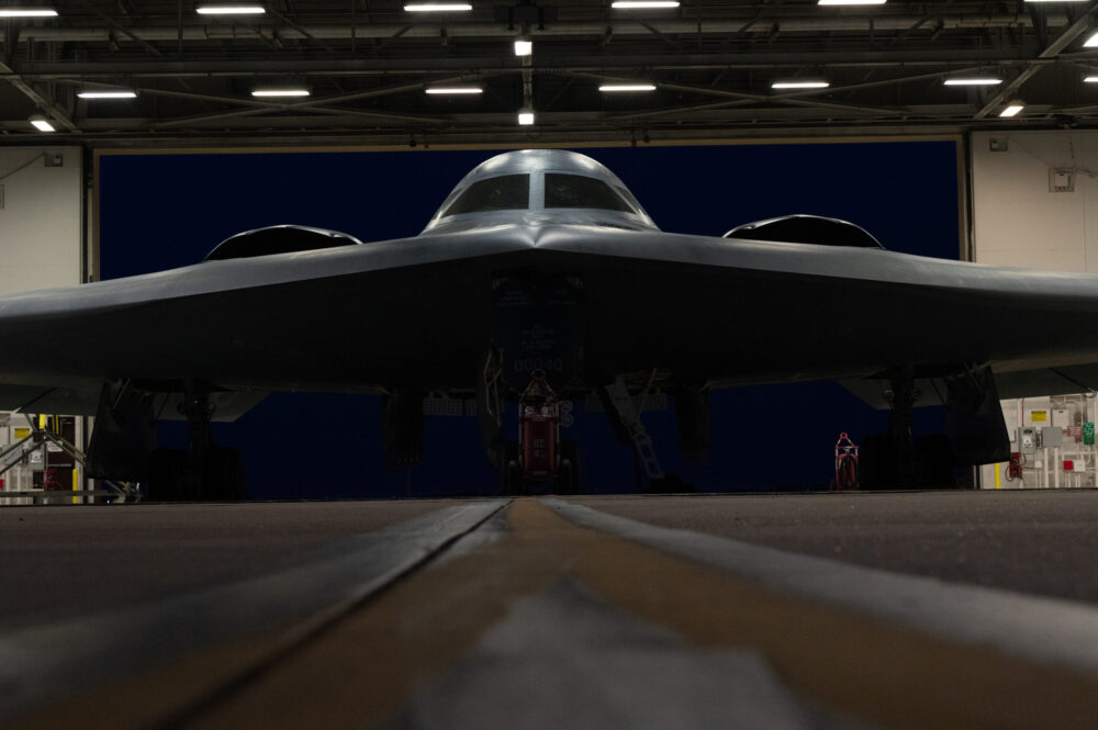 A B-2 Spirit is prepared for a Bomber Task Force mission at Whiteman Air Force Base, Mo., Aug. 12, 2023. BTF missions are designed to provide assurance to allies while deterring adversaries and giving Airmen interoperable training to enhance their skills for real-world events. (U.S. Air Force photo by Airman 1st Class Joseph Garcia)