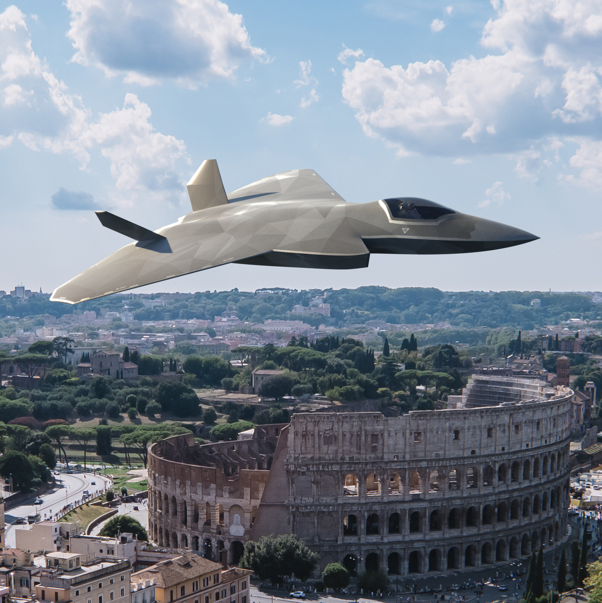 CGI image of the GCAP aircraft over landmarks in Italy, December 2024.