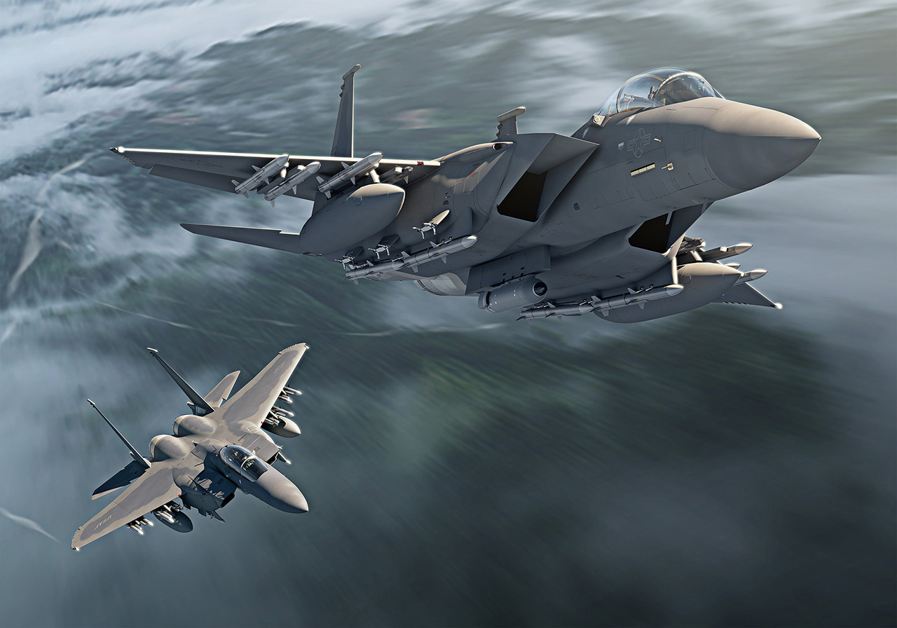 Concepção artística da Boeing mostra par de caças F-15EX armados com mísseis ar-ar
Imagem: Boeing