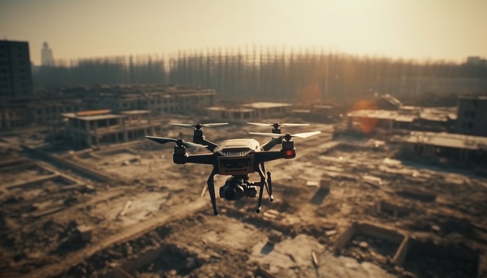 Hovering drone captures cityscape at sunset outdoors generated by artificial intelligence